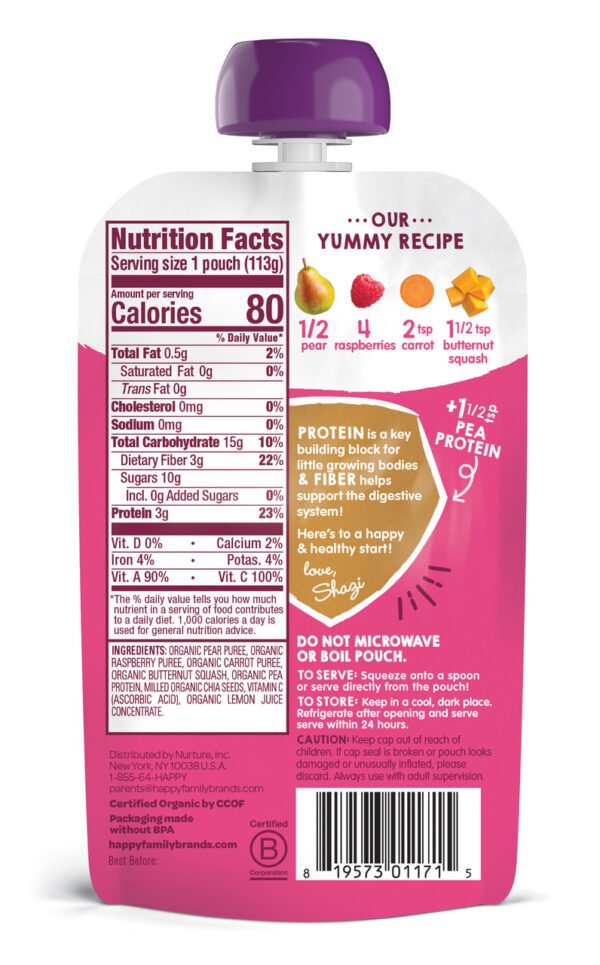 Happy Tot Organic Fiber And Protein, Pear Raspberry Butternut Squash And Carrot (16x4 OZ)
